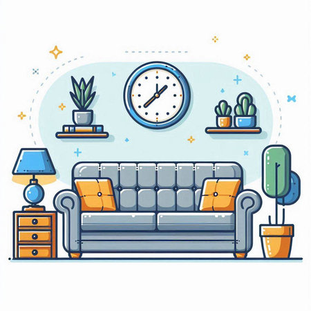 Living room with sofa, clock and plants. Flat style vector illustration.のイラスト素材