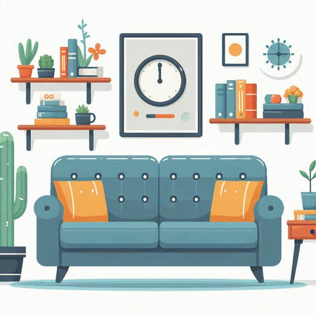 Living room interior with sofa, bookshelf, clock and plants. Flat style vector illustration.のイラスト素材