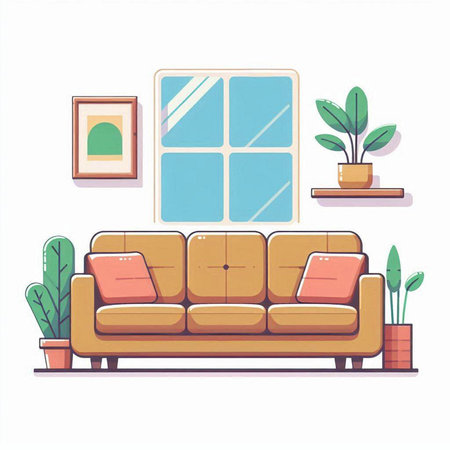 Living room interior with sofa, window and plants. Flat vector illustration.のイラスト素材