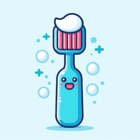 Cute cartoon toothbrush with foam and bubbles. Vector illustration.のイラスト素材