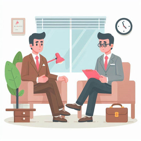 Businessman and lawyer sitting on sofa in office and discussing documents. Flat style vector illustration.のイラスト素材