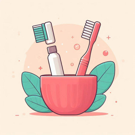 Toothbrushes in a bowl with leaves. Vector illustration.のイラスト素材