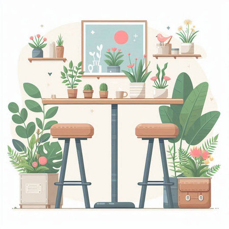 Flower shop interior with table and chairs. Vector illustration in flat styleのイラスト素材