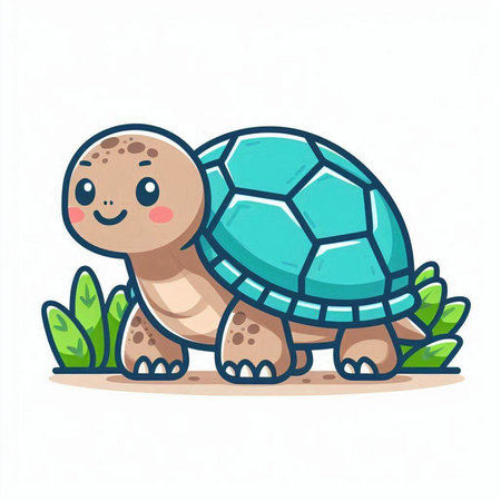 Cute cartoon turtle with green grass on white background. Vector illustration.のイラスト素材