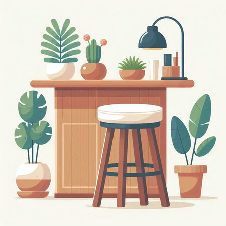 Wooden bar counter with table and chair. Flat vector illustration.のイラスト素材