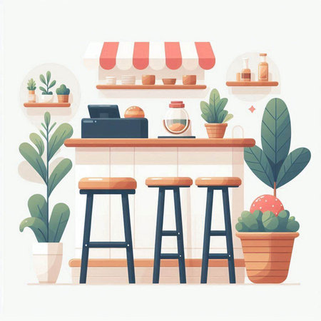 Coffee shop interior with bar counter, bar stools and plants. Vector illustrationのイラスト素材