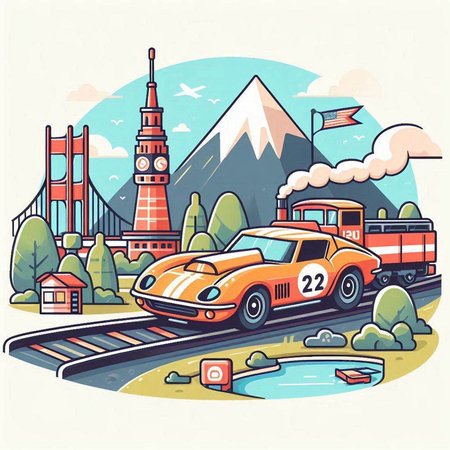 Retro car on the background of the famous bridge. Vector illustration.のイラスト素材