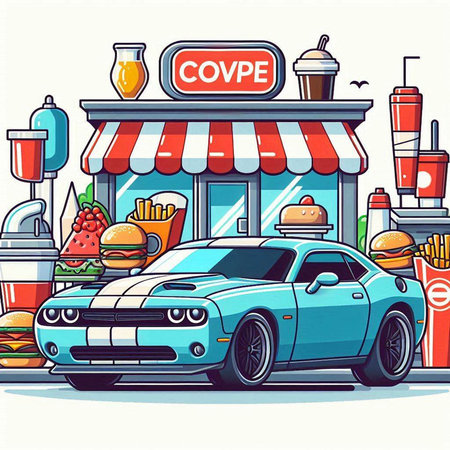 Coffee shop with fast food. Vector illustration in cartoon styleのイラスト素材