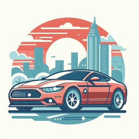 Modern car on the background of the city. Vector illustration in flat style.のイラスト素材