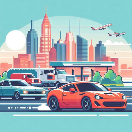 Cars on the road in the city. Vector illustration in retro styleのイラスト素材