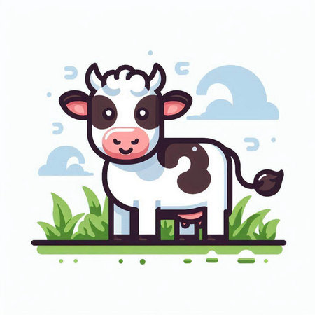 Cute cartoon cow on a meadow. Vector illustration in flat style.のイラスト素材