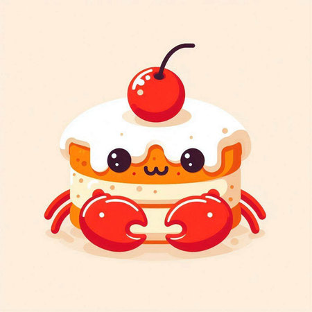 Cute funny kawaii cake with cherry. Vector illustration.のイラスト素材