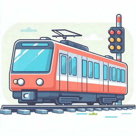 Vector illustration of a train with a traffic light on the background.のイラスト素材