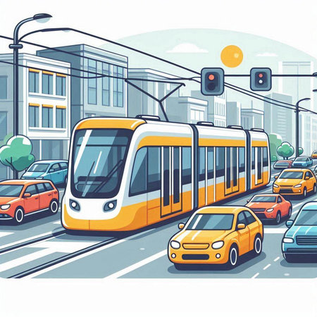 Modern tram on the city street. Urban transport. Vector illustration.のイラスト素材