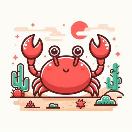 Cute cartoon crab on the beach. Vector illustration in flat style.のイラスト素材
