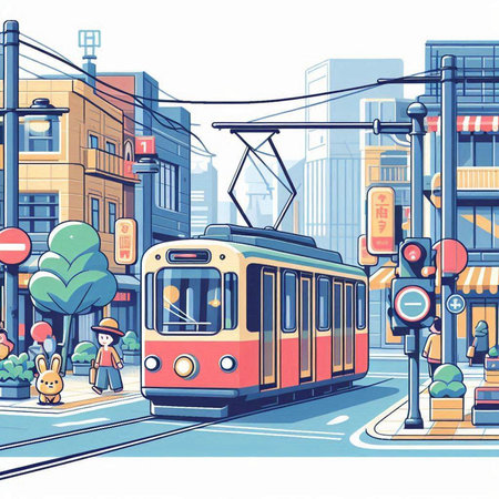 Tram on the city street. Vector illustration in retro style.のイラスト素材