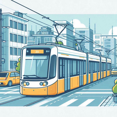 Modern tram on the city street. Vector illustration of a city tram.のイラスト素材