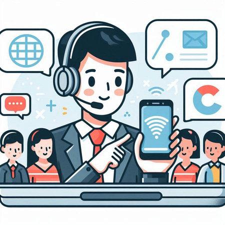 Customer service agent with headset and mobile phone in call center. Vector illustration.のイラスト素材