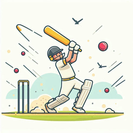 Cricket player in action with bat and ball. Vector illustration.のイラスト素材
