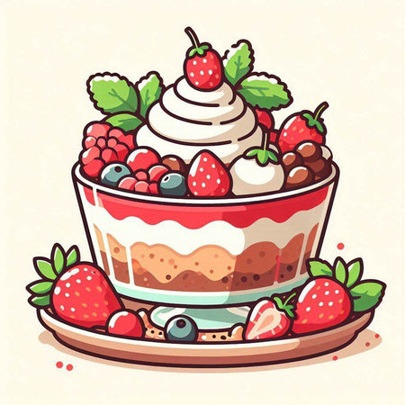 Strawberry cake with whipped cream and fresh berries. Vector illustration.のイラスト素材