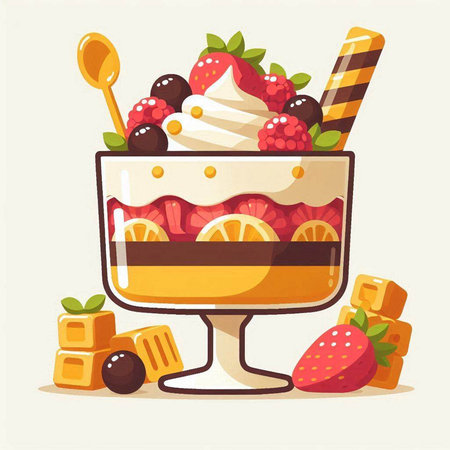 Fruit dessert in a glass cup. Vector illustration in cartoon style.のイラスト素材