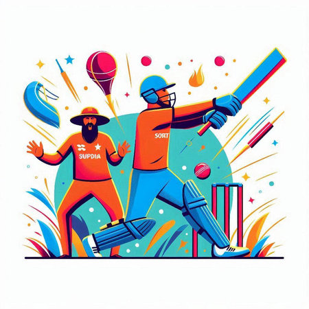 Cricket player in action. Vector illustration of a cricket match.のイラスト素材