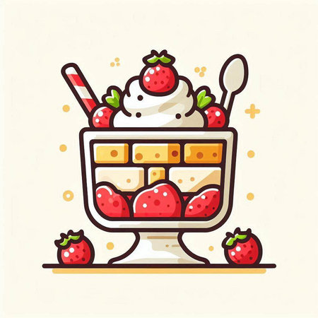 Illustration of ice cream in a glass bowl with strawberries, whipped cream and spoonのイラスト素材