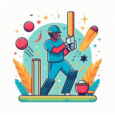 Cricket player batsman playing cricket. Flat vector illustration.のイラスト素材