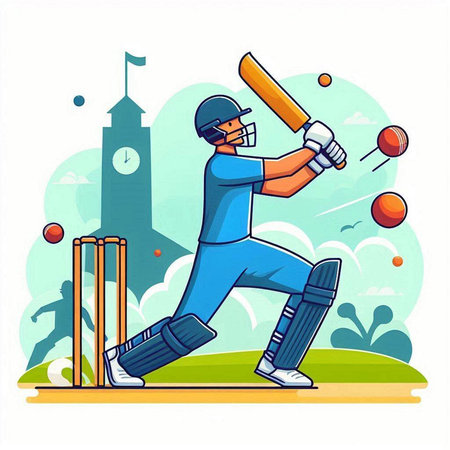 Cricket player batsman in action, vector cartoon illustration.のイラスト素材