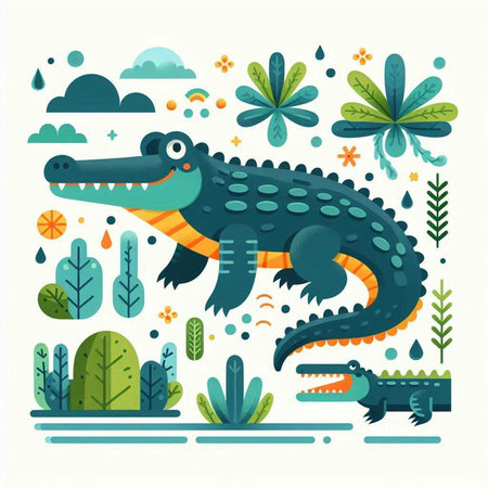 Crocodile in the jungle. Vector illustration in flat styleのイラスト素材