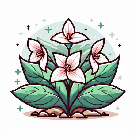 Illustration of a flower with leaves and stars on a white backgroundのイラスト素材