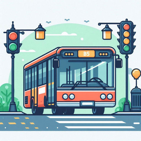 Vector illustration of a city bus on the road with traffic lights.のイラスト素材
