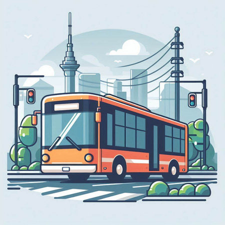 Vector illustration of a city bus on the background of the city.のイラスト素材
