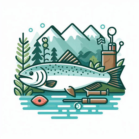 Vector illustration of a trout on the background of the mountains and the river.のイラスト素材