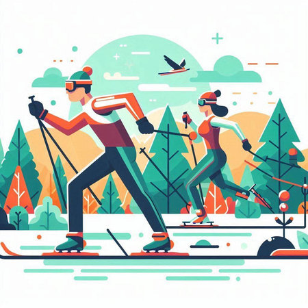 Vector illustration of a man and woman skiing in the park. Flat style.のイラスト素材