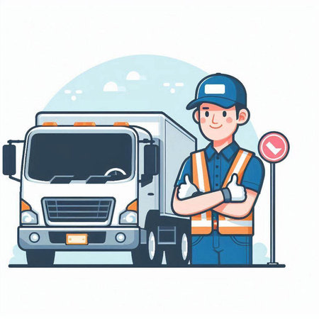 Courier standing near truck. Hand drawn vector illustration in cartoon style.のイラスト素材