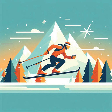 Skiing in the mountains. Vector illustration in flat style.のイラスト素材
