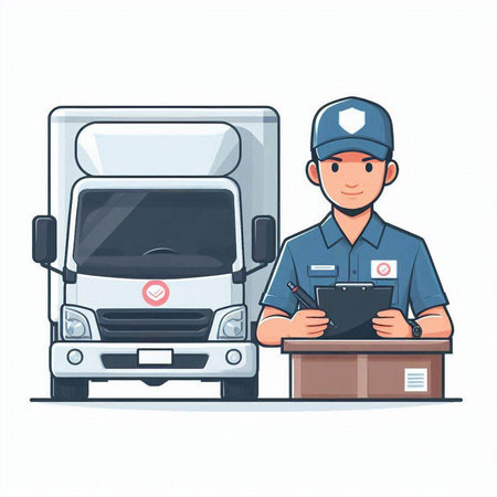 Vector illustration of a delivery man in uniform standing near a truck.のイラスト素材
