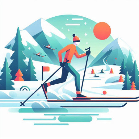 Cross-country skiing in the mountains. Flat style vector illustration.のイラスト素材