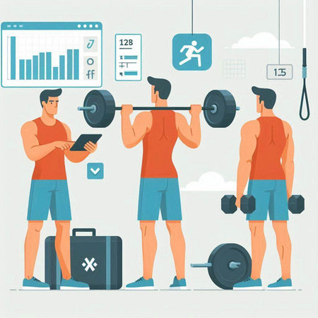 Fitness concept. Flat style vector illustration. Muscular man doing exercises with barbell.のイラスト素材