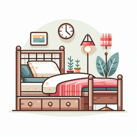 Vector illustration of a cozy bedroom with a double bed and a lampのイラスト素材