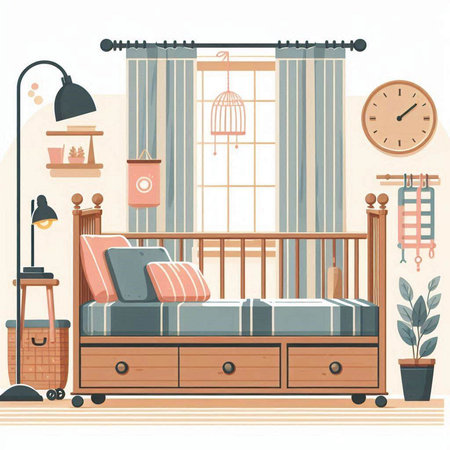Baby room interior with furniture and accessories. Vector illustration in flat styleのイラスト素材