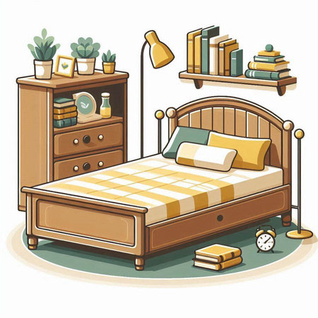 Illustration of a cozy bedroom with a bed and a bookcaseのイラスト素材