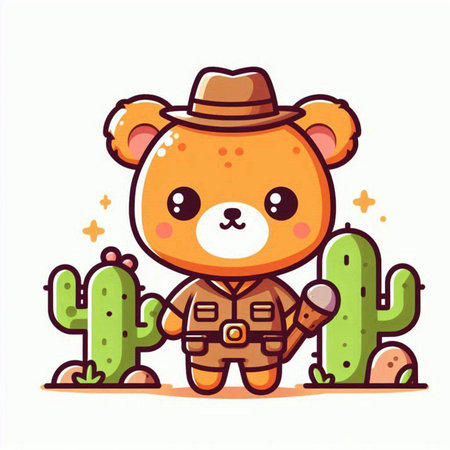 Cute bear in cowboy costume with cactus. Vector illustration.のイラスト素材
