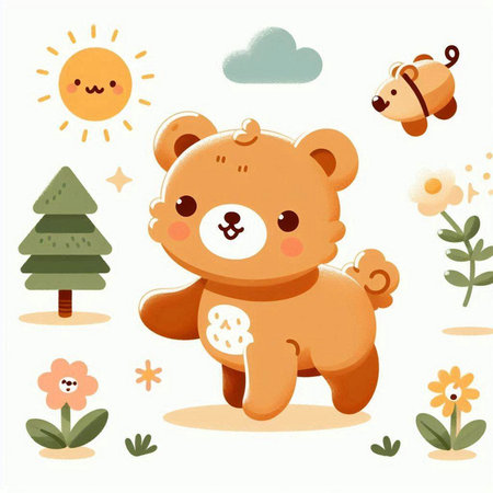 Cute cartoon bear with flowers and sun on white background. Vector illustration.のイラスト素材