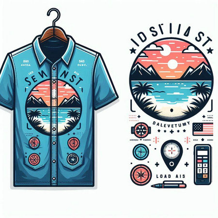 T-shirt print design with beach and sea view. Vector illustration.のイラスト素材