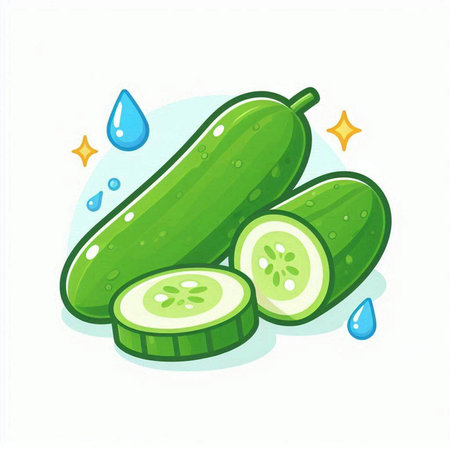 Cucumber slices and water drops on white background. Vector illustration.のイラスト素材