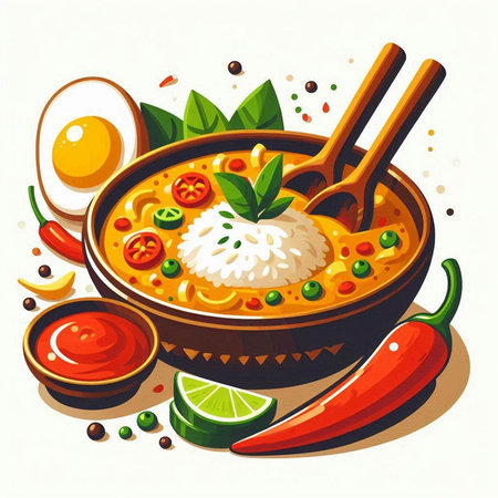 Illustration of a bowl of spicy Thai curry with rice, egg, chili pepper and chopsticksのイラスト素材