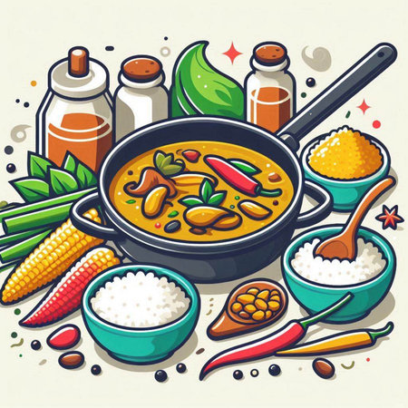 Vegetable curry in a pot with vegetables and spices. Vector illustration.のイラスト素材