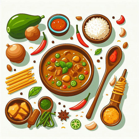 Thai cuisine. Illustration of a bowl of spicy curry with ingredients.のイラスト素材